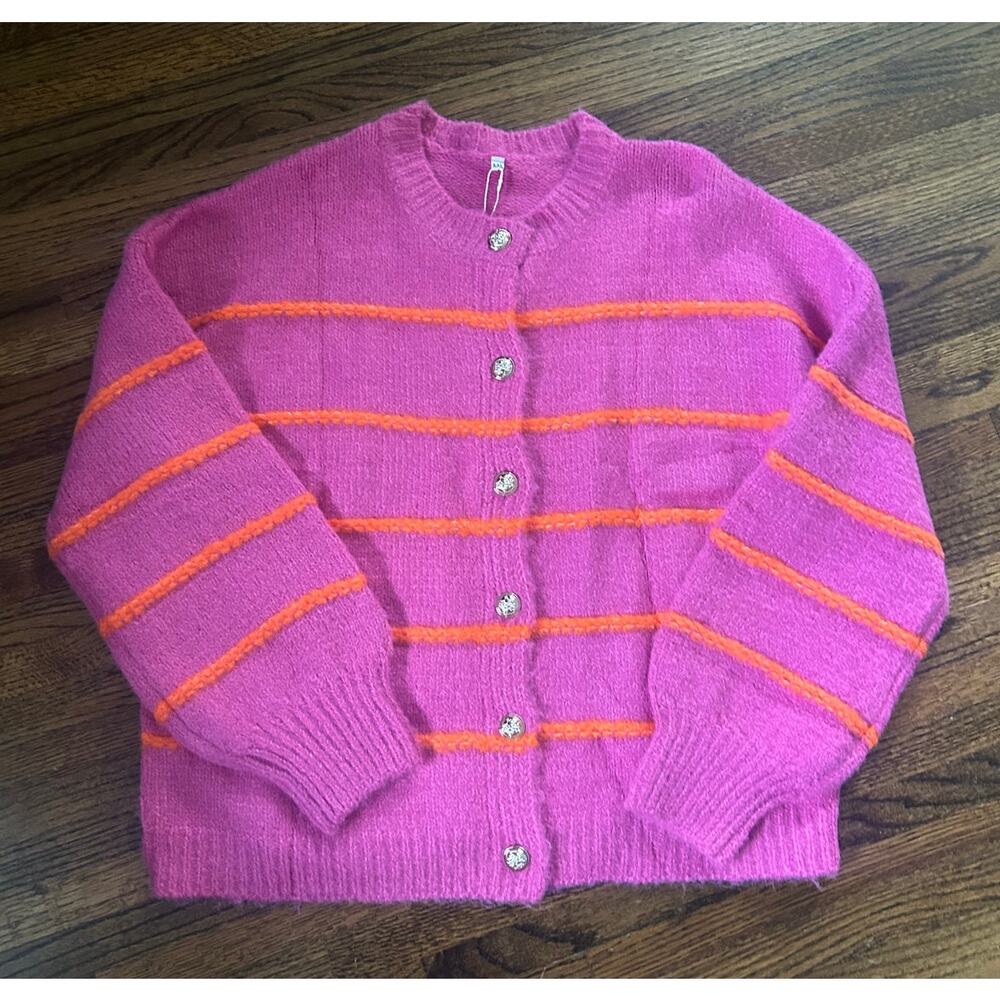 Women's Viral Oversized Striped Cardigan Sweater Pink/Orange - XXL